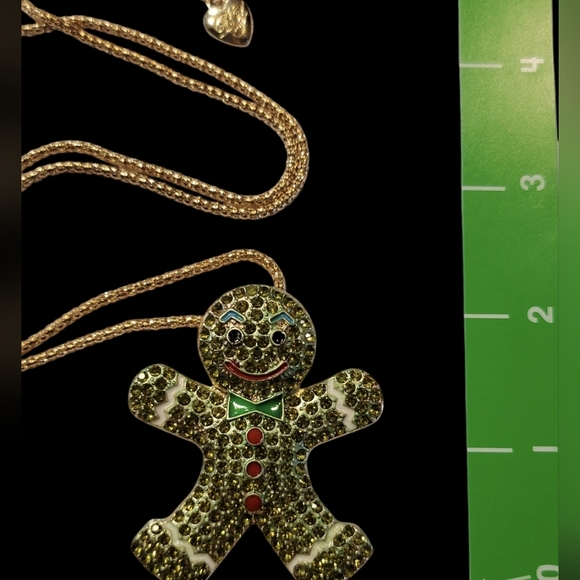 Betsey Johnson Green Stones, Enamel, and and Gold Tone Gingerbread Necklace - Picture 4 of 5